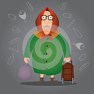 Angry old lady with shopping bags vector illustration