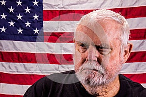 Angry Old Vietnam Vet In Front Of American Flag