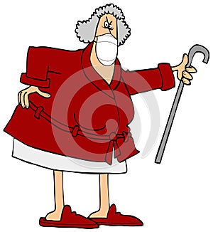 Angry old woman shaking her cane and wearing a face mask