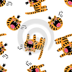Angry orange tiger and feline muzzle in crown hand drawn childish seamless pattern vector flat