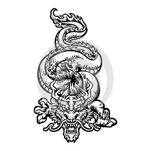 Angry Oriental Dragon Monochrome Clipart