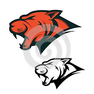 Angry Panther head with opened mouth. Sport team mascot. Design