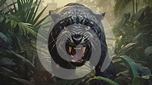 Angry panther in the jungle. Generative AI