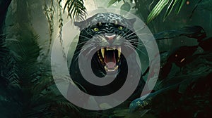 Angry panther in the jungle. Generative AI