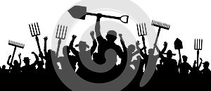 Angry peasants protest demonstration. A crowd of people with a pitchfork shovel rake. Riot workers vector silhouette photo