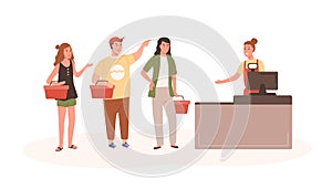 Angry people at checkout flat vector illustration. Indignant customers standing in queue cartoon characters. Nervous photo
