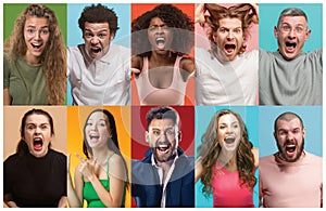 Angry people screaming. The collage of different human facial expressions, emotions and feelings of young men and women.