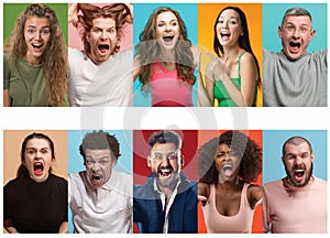 Angry people screaming. The collage of different human facial expressions, emotions and feelings of young men and women.