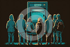 Angry People standing around a malfunction ATM cannot get money out, Bank Run concept.
