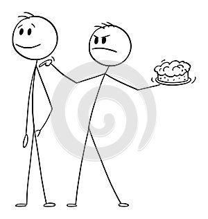 Angry Person Ready to Throw Cake on Face, Vector Cartoon Stick Figure Illustration