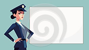 Angry police woman in uniform cartoon character.