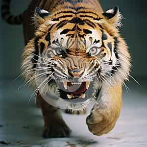 An angry predatory tiger grins and growls, huge fangs, the tiger attacks, portrait, close-up