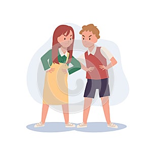 Angry preschool boys, girls kids fighting each other.  Aggressive bully kids fight. Bullying children. Flat vector cartoon