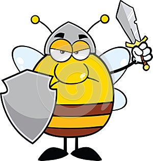 Angry Pudgy Bee Warrior With Shield And Sword