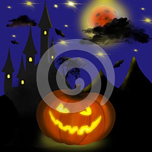 Angry pumpkin with burning eyes in front of the background of the castle, on Halloween night