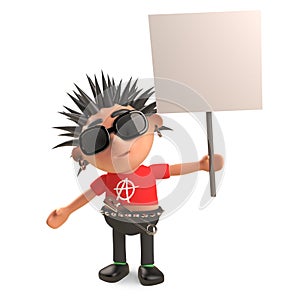 Angry punk rocker protests with his blank placard, 3d illustration