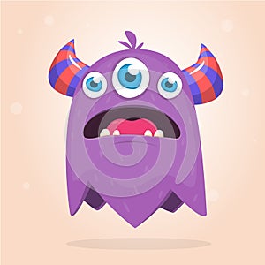 Angry purple cartoon monster with horns an three eyes. Big collection of cute monsters. Halloween character. Vector illustrations.