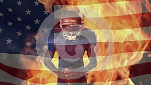 Angry quarterback standing with an American flag on the foreground and a fire burning on the backgro