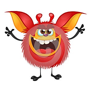 Angry red cartoon monster waving hands. Halloween vector illustration.