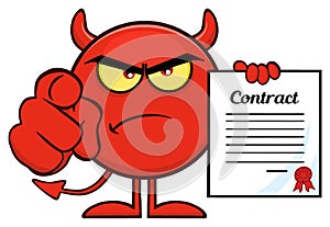 Angry Red Devil Cartoon Emoji Character Pointing With Finger And Holding A Contract.