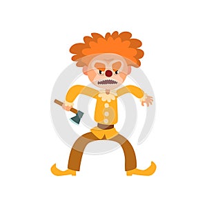 Angry red haired clown cartoon character, halloween clown with evil eyes holding axe vector Illustration on a white