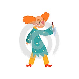 Angry red haired clown cartoon character, halloween clown with evil eyes holding knife vector Illustration on a white