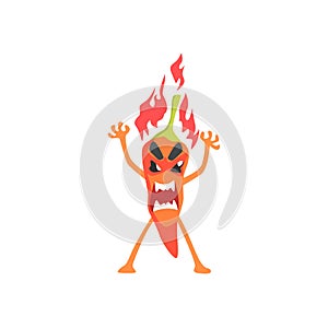 Angry Red Hot Chili Pepper Humanized Emotional Flat Cartoon Character Burning In Flames With Rage