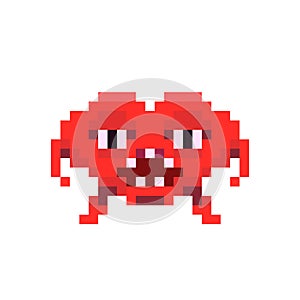 Angry red space invader monster, game enemy in pixel art style on white photo
