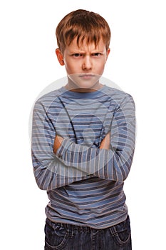 Angry restless evil kid gloomy blond boy in