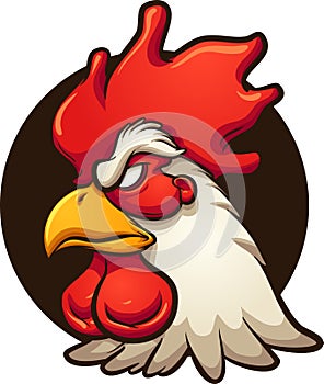 Angry rooster head with dark circular background.