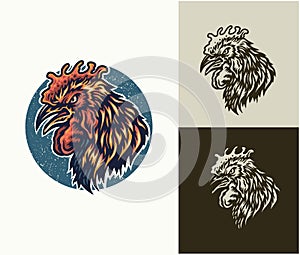 Angry rooster head  hand drawn line style with digital color