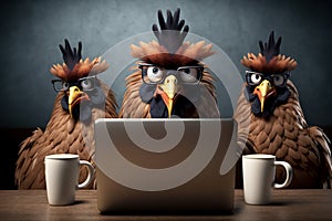 Angry rooster and two hens behind a laptop, office work concept. Generative AI