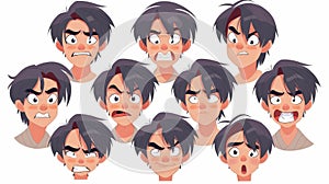 Angry, sad, and happy Korean boy avatar with different expressions isolated on white background, modern cartoon set.
