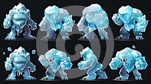 Angry, sad, and sleeping crystal giants isolated on black background. Fantasy monsters made from frozen water or glass