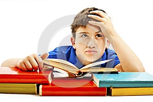 Angry schoolboy with learning difficulties, looking up