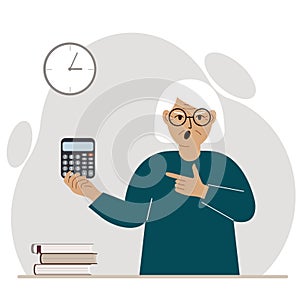 Angry screaming grandmother holds a digital calculator in his hand and points to the calculator with the other hand.