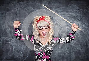 Angry screaming retro teacher with pointer