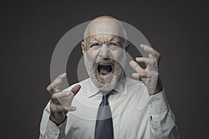 Angry senior business executive shouting at camera