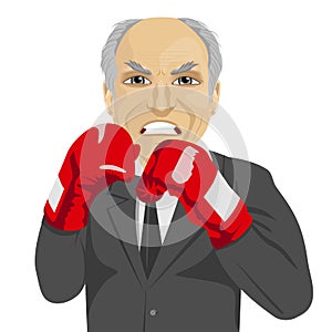 Angry senior businessman with boxing gloves wearing gray suit