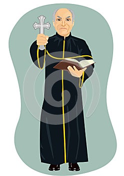 Angry senior priest holding holy bible and cross