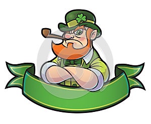 Angry Shaded Cartoon Leprechaun Behind Green banner