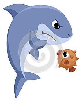 Angry shark with cute little fish. Cartoon underwater fauna