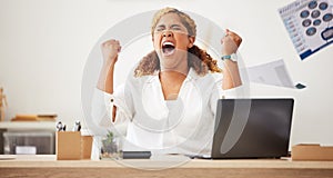 Angry, shout and business woman with laptop for online error, mistake and fail for problem in workplace. Professional