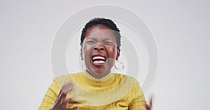 Angry, shouting and face of woman on a white background with upset, crisis and mental health. Burnout, scream and