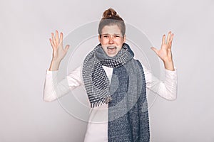 Angry sick woman roar at camera and have unwell look