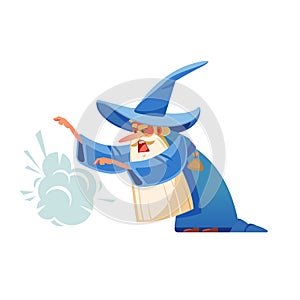 Angry small Sorcerer. Mysterious male magician in robe spelling oldster merlin vector cartoon characters. Wizard