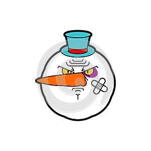 Angry snowman. Evil Santa Claus helper. ruffian New Year. Christmas Vector illustration