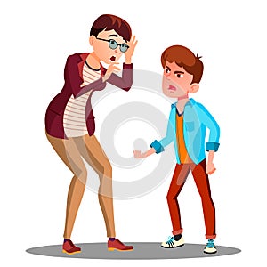 Angry Son Screaming At Frightened Mother Vector. Isolated Illustration