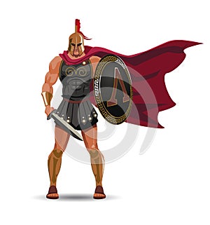 Angry spartan warrior with armor and hoplite shield