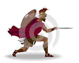 Angry spartan warrior with armor and hoplite shield holding a sw